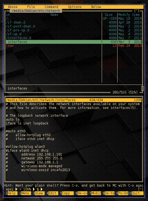 Midnight Commander: debian-etc-network-interfaces