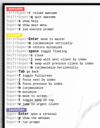 AwesomeWM: Custom Binding Summary (cropped)