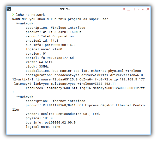 Device: lshw -network