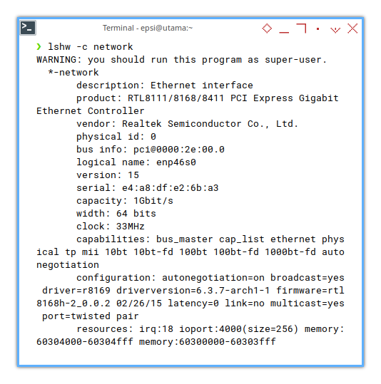 Device: lshw -network