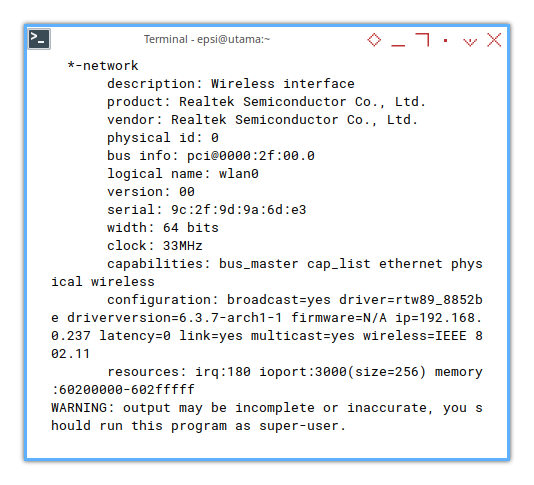 Device: lshw -network