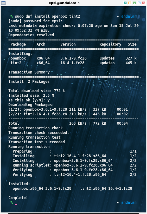 Fedora: dnf install openbox tint2