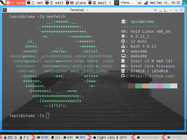 Awesome WM: Lain Statusbar in Gentoo (640x480)