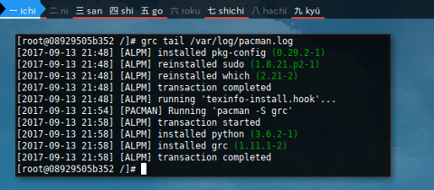 Docker Arch: grc tail /var/log/pacman.log